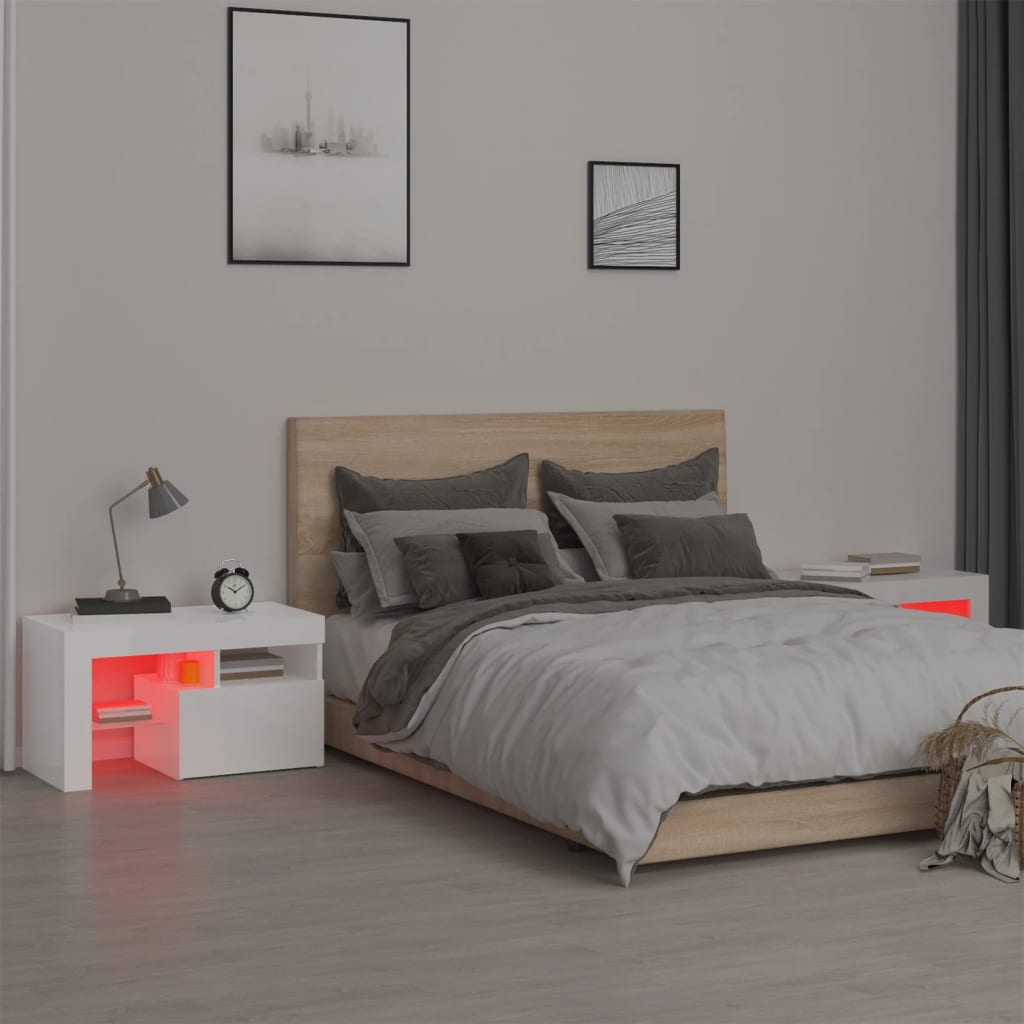 vidaXL Sängbord med LEDs 2 st vit högglans 70x36,5x40 cm