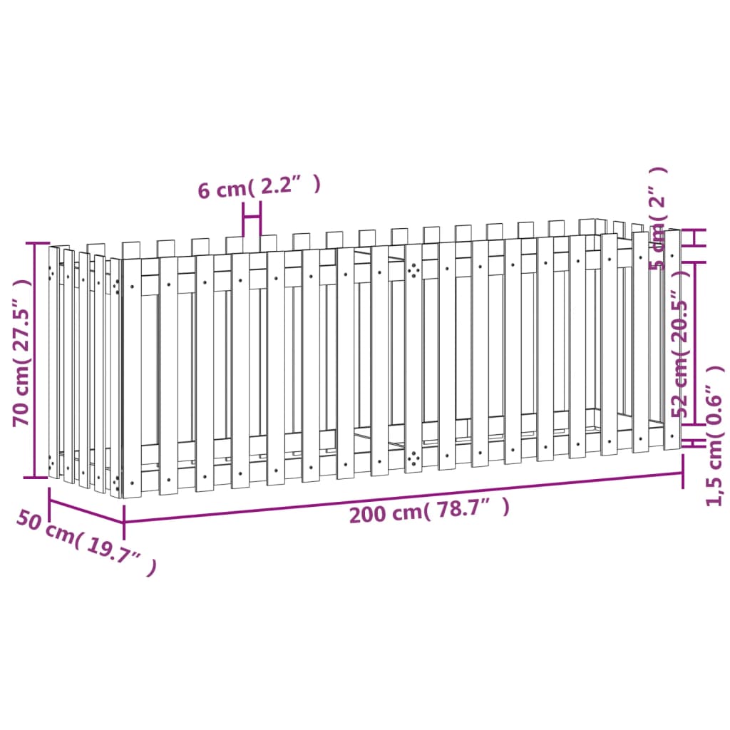 vidaXL Odlingslåda med staket-design svart 200x50x70 cm massiv furu