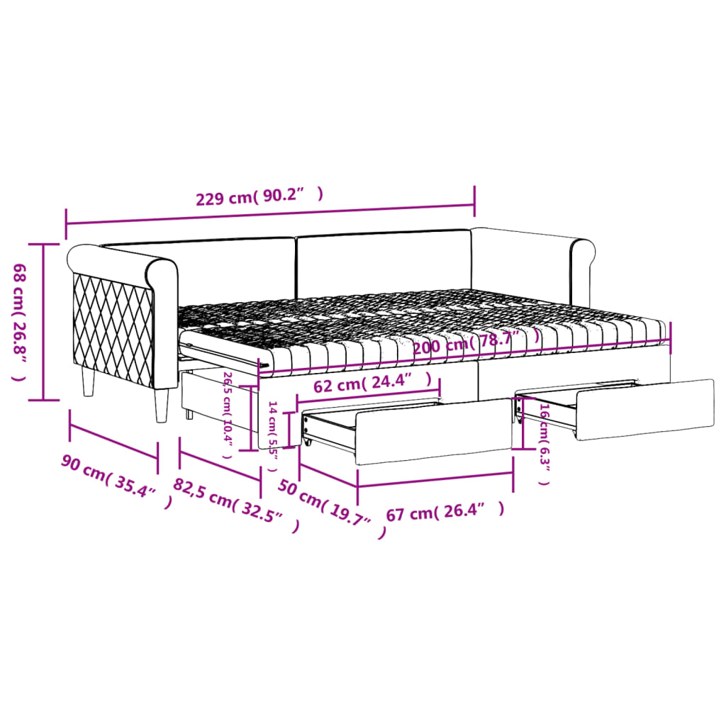 vidaXL Dagbädd utdragbar med lådor svart 80x200 cm sammet