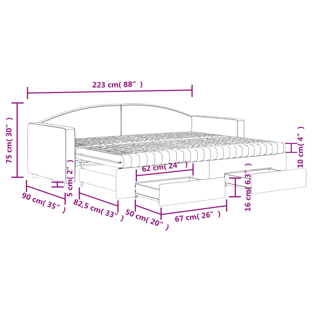 vidaXL Dagbädd utdragbar med lådor gräddvit 80x200 cm tyg