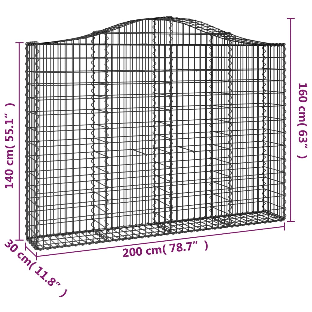 vidaXL Gabioner bågformade 3 st 200x30x140/160 cm galvaniserat järn