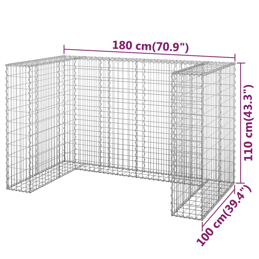 vidaXL Gabionmur för soptunnor galvaniserat stål 180x100x110 cm