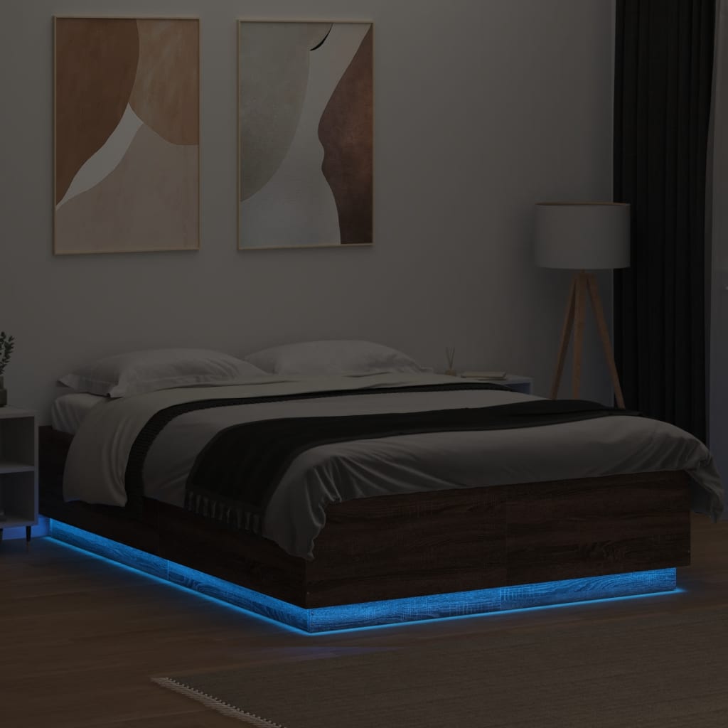 vidaXL Sängram med LEDs brun ek 160x200 cm konstruerat trä