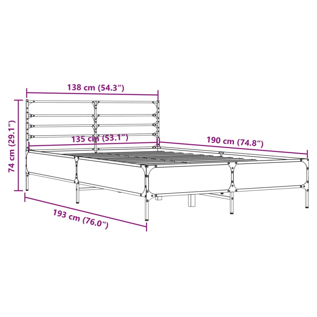 vidaXL Sängram sonoma-ek 135x190 cm konstruerat trä och metall