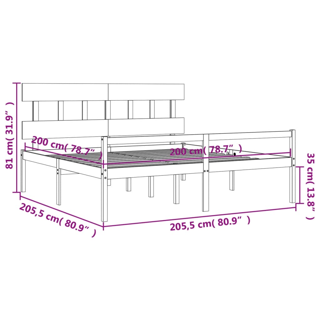 vidaXL Sängram med sänggavel grå 200x200 cm massivt trä