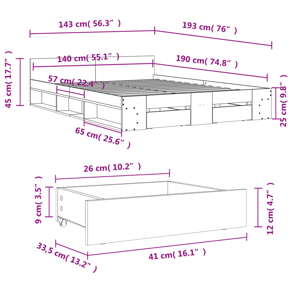 vidaXL Sängram med lådor sonoma-ek 140x190 cm konstruerat trä