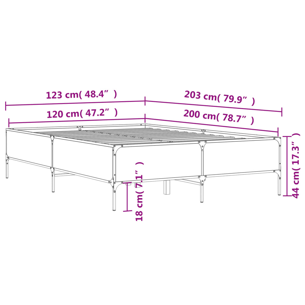 vidaXL Sängram grå sonoma 120x200 cm konstruerat trä och metall