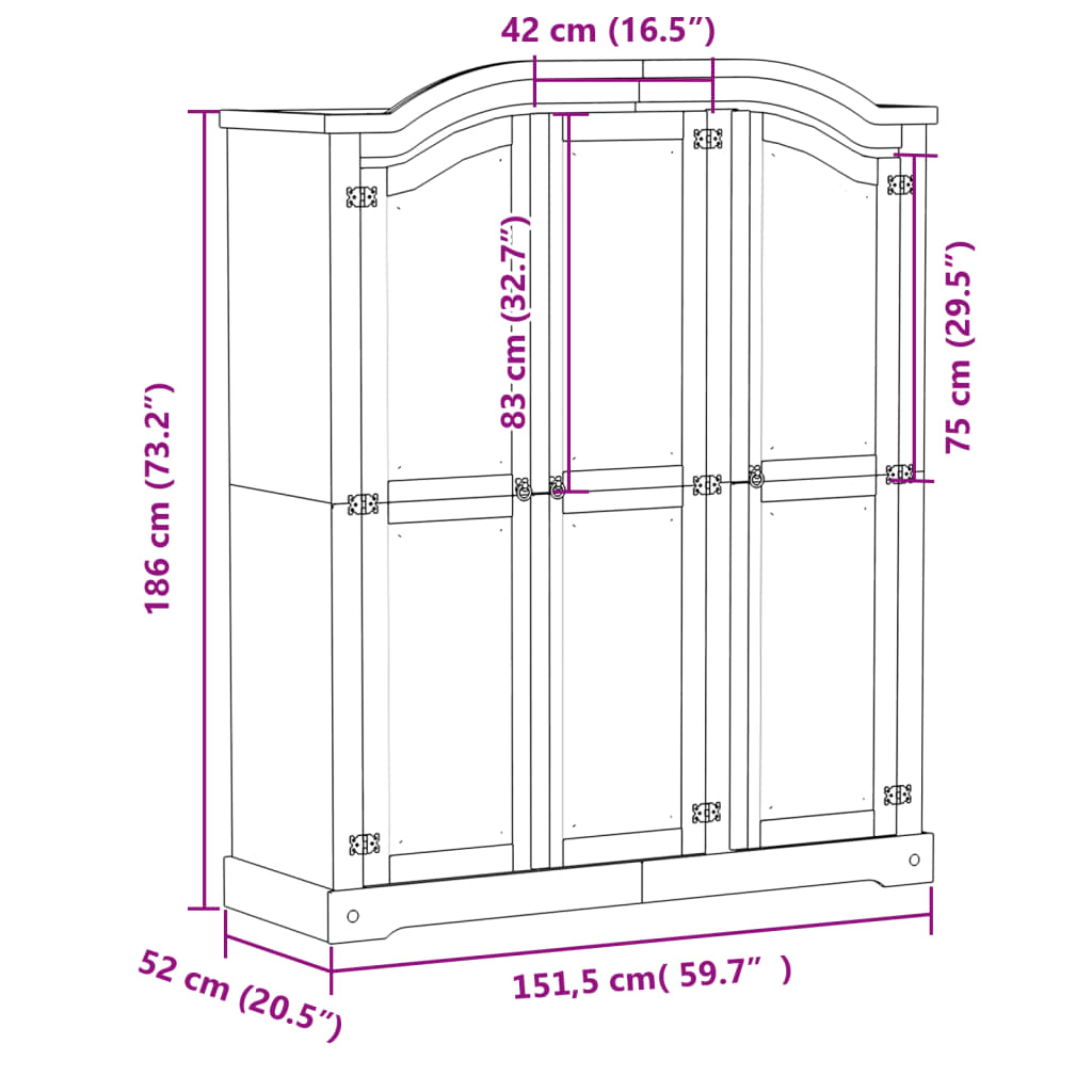 vidaXL Garderob Corona vit 151,5x52x186 cm massiv furu