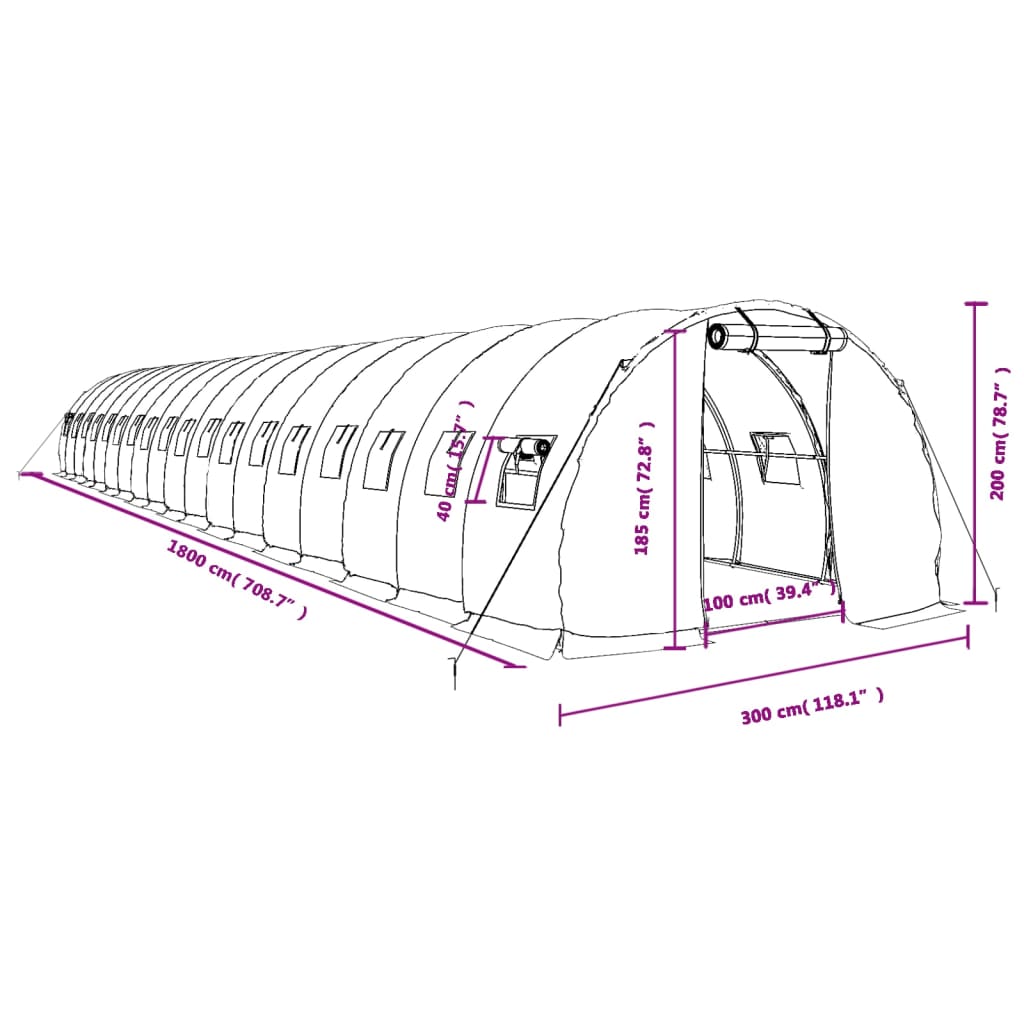 vidaXL Växthus med stålram vit 54 m² 18x3x2 m