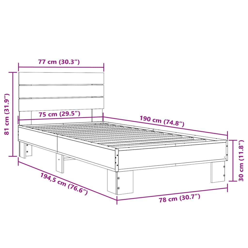 vidaXL Sängram brun ek 75x190 cm konstruerat trä och metall