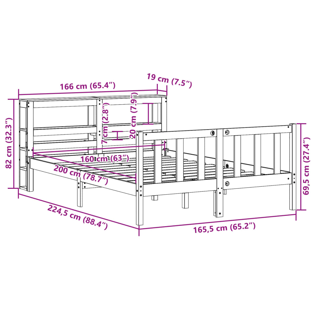 vidaXL Sängram utan madrass 160x200 cm massiv furu