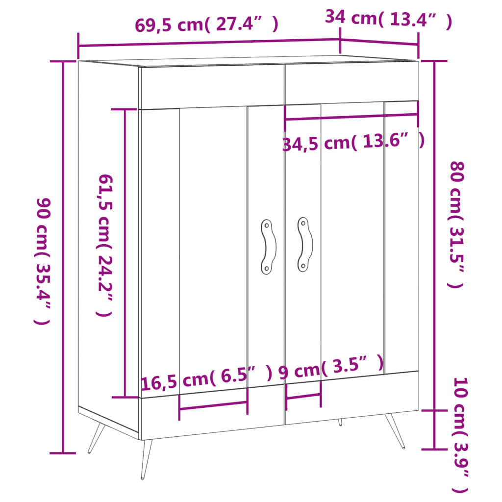 vidaXL Skänk vit högglans 69,5x34x90 cm konstruerat trä