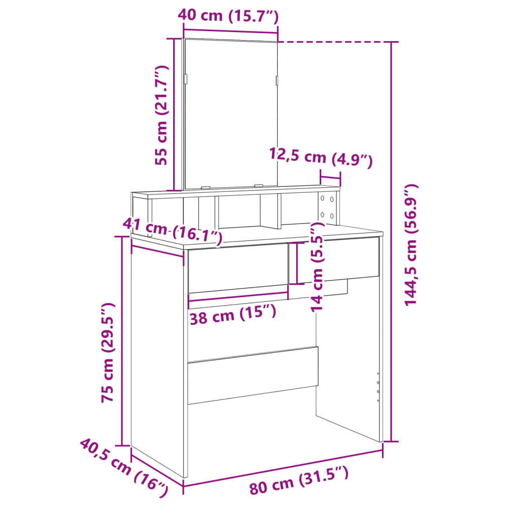 vidaXL Sminkbord med spegel vit 80x41x144,5 cm