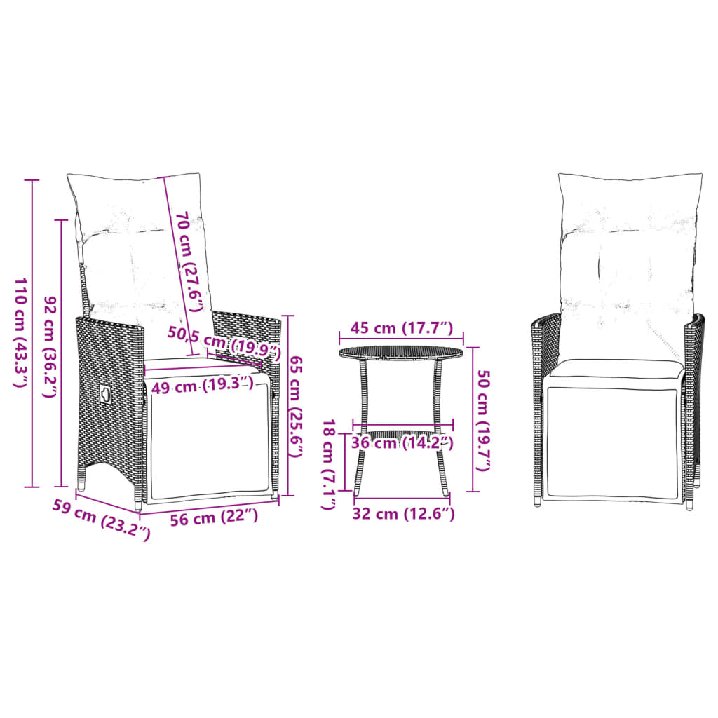 vidaXL Bistrogrupp med dynor 3 delar beige konstrotting