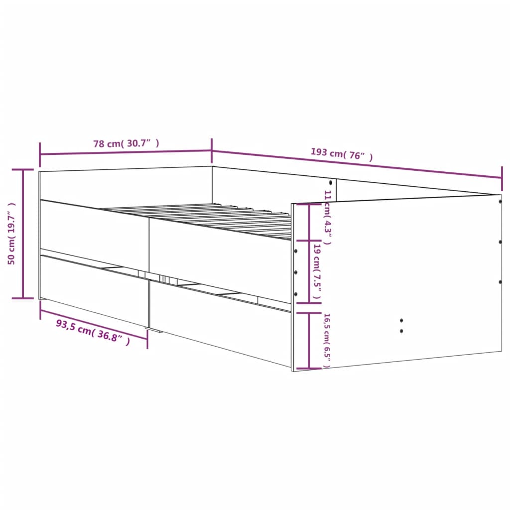 vidaXL Sängram med lådor rökfärgad ek 75x190 cm