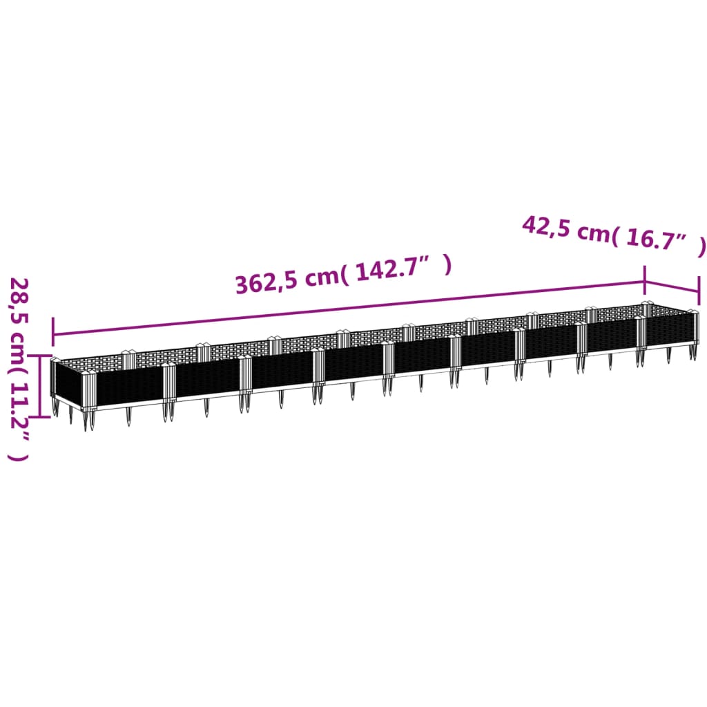 vidaXL Odlingslåda med piggar ljusgrå 362,5x42,5x28,5 cm PP