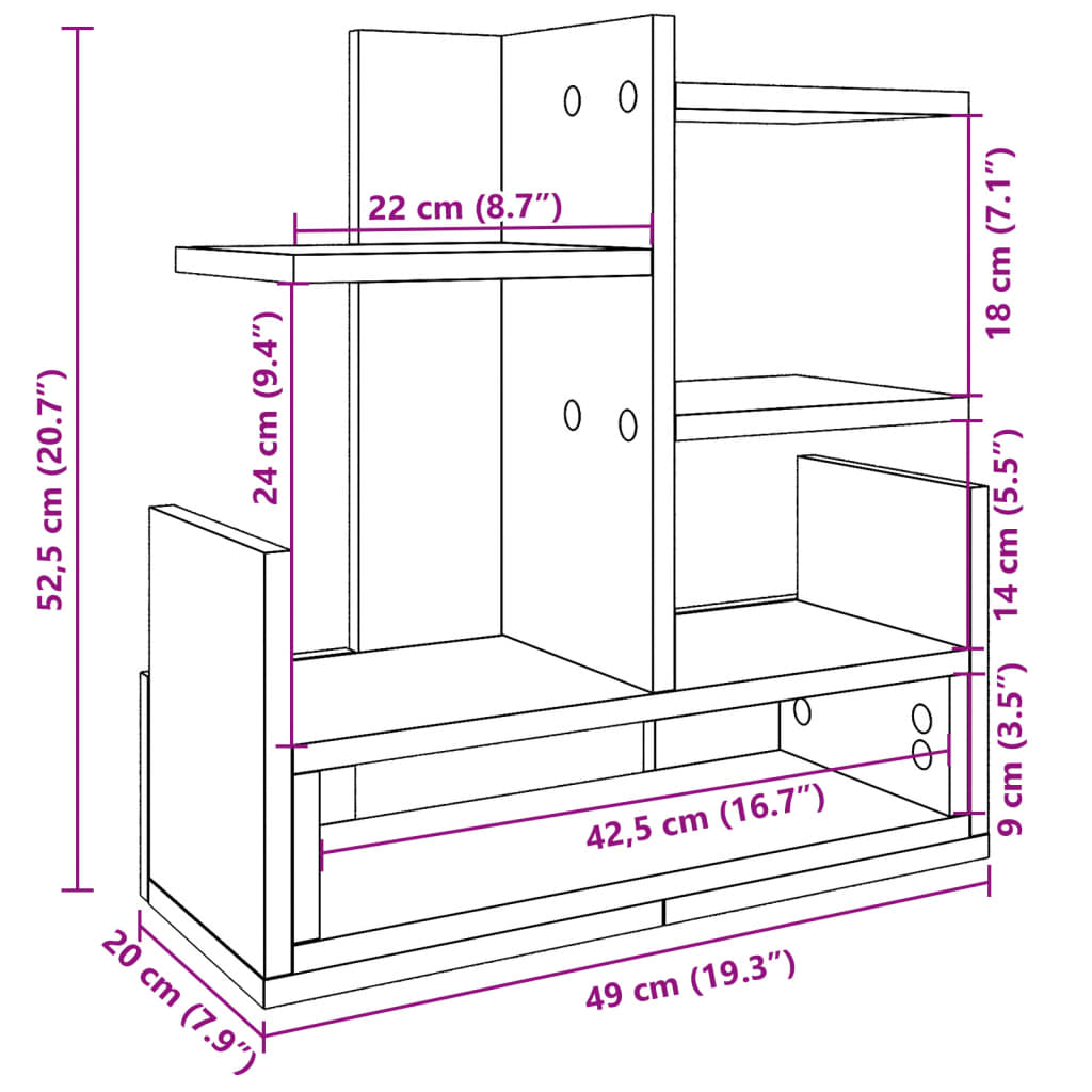 vidaXL Skrivbordshyllor rökfärgad ek 49x20x52,5 cm konstruerat trä