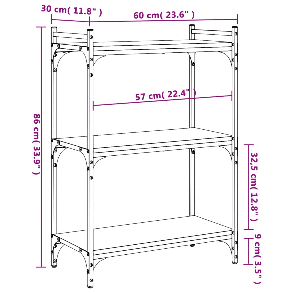 vidaXL Bokhylla 3 hyllplan grå sonoma 60x30x86 cm konstruerat trä