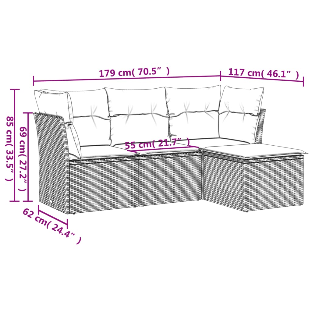 vidaXL Soffgrupp för trädgård med dynor 4 delar beige konstrotting