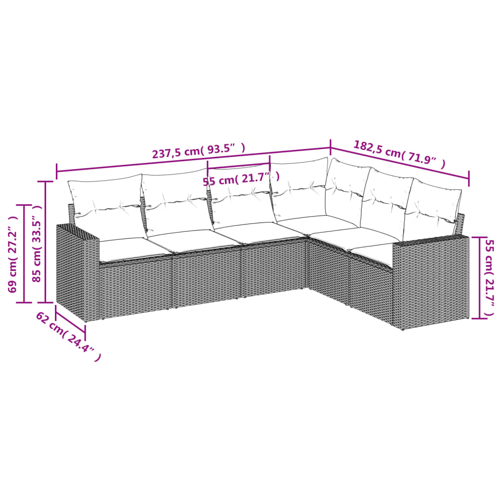 vidaXL Loungegrupp med dynor 6 delar svart konstrotting