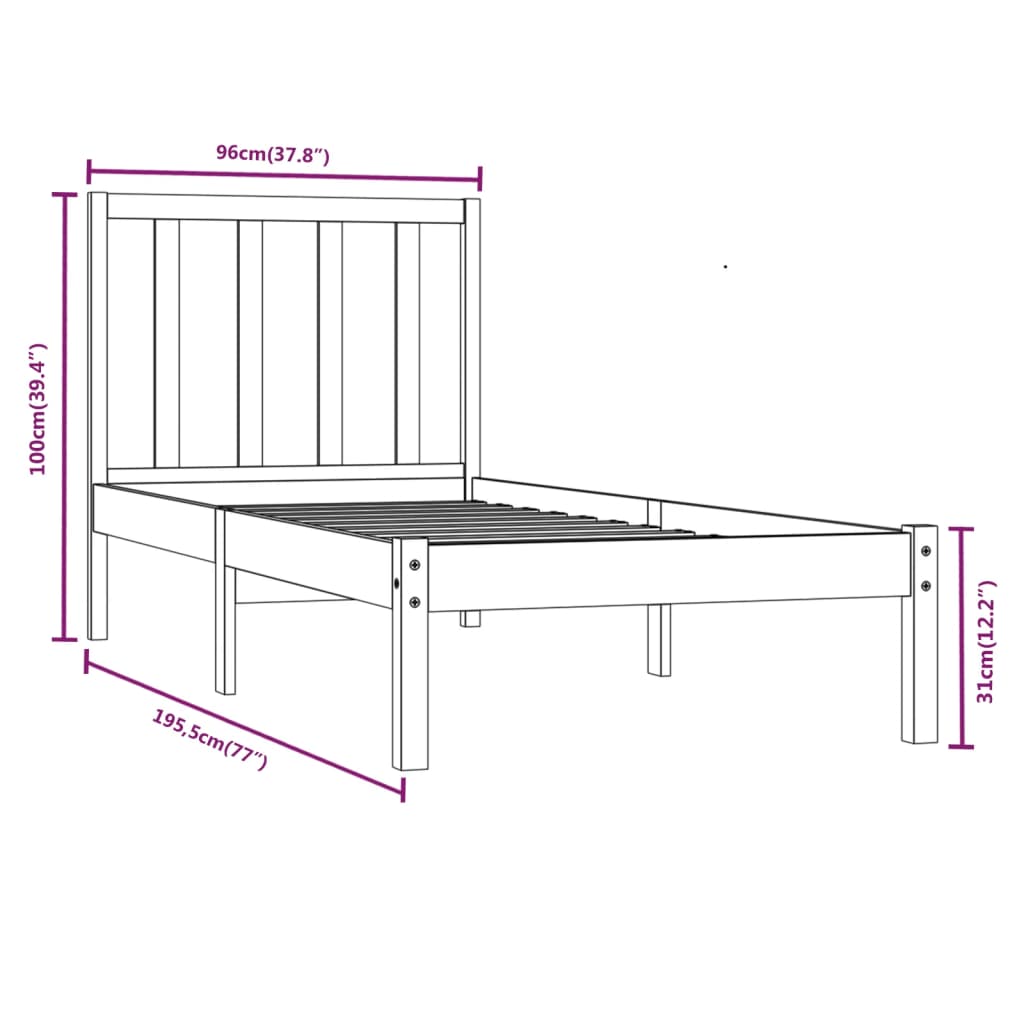 vidaXL Sängram svart massiv furu 90x190 cm