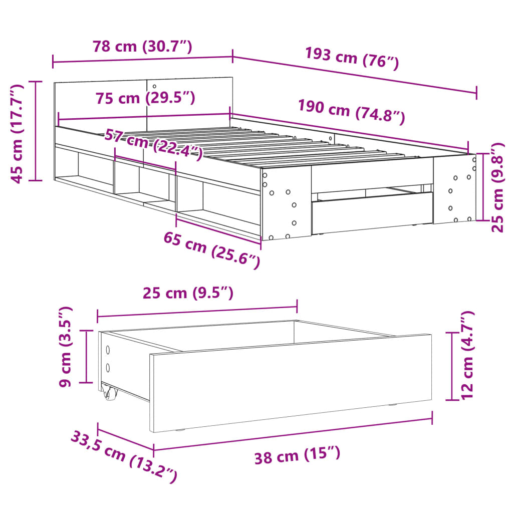 vidaXL Sängram med låda sonoma-ek 75x190 cm konstruerat trä