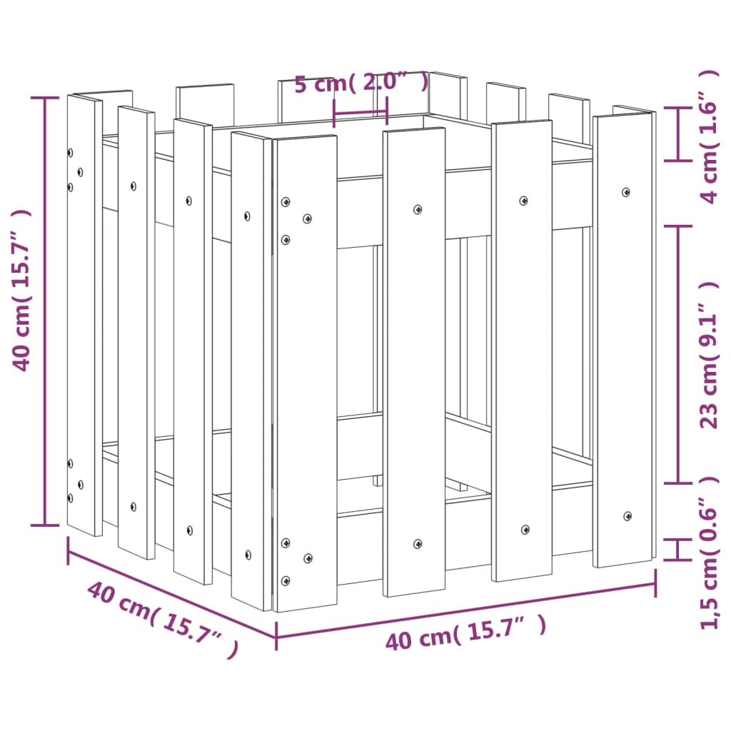vidaXL Odlingslåda med staket-design vit 40x40x40 cm massiv furu