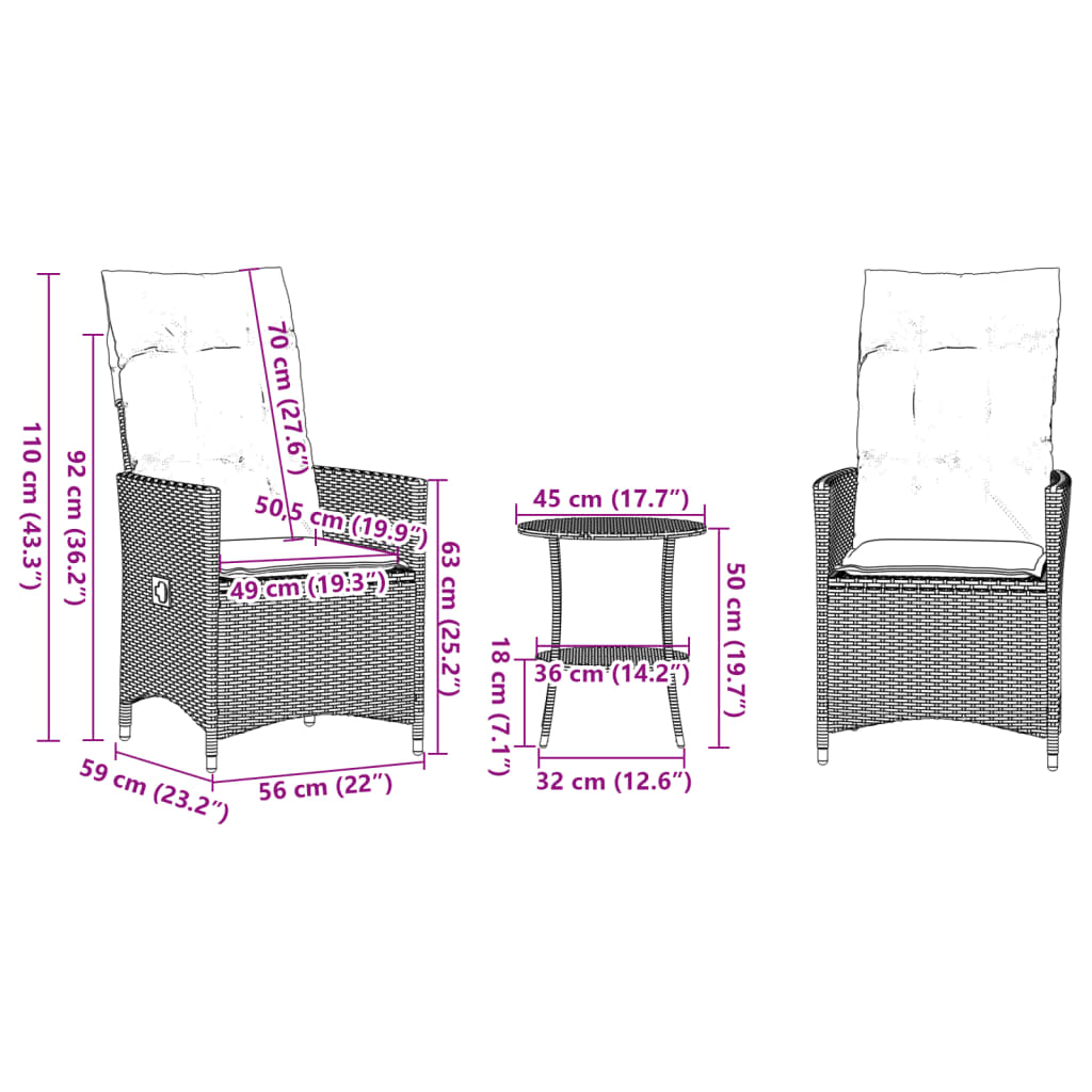 vidaXL Bistrogrupp med dynor 3 delar beige konstrotting