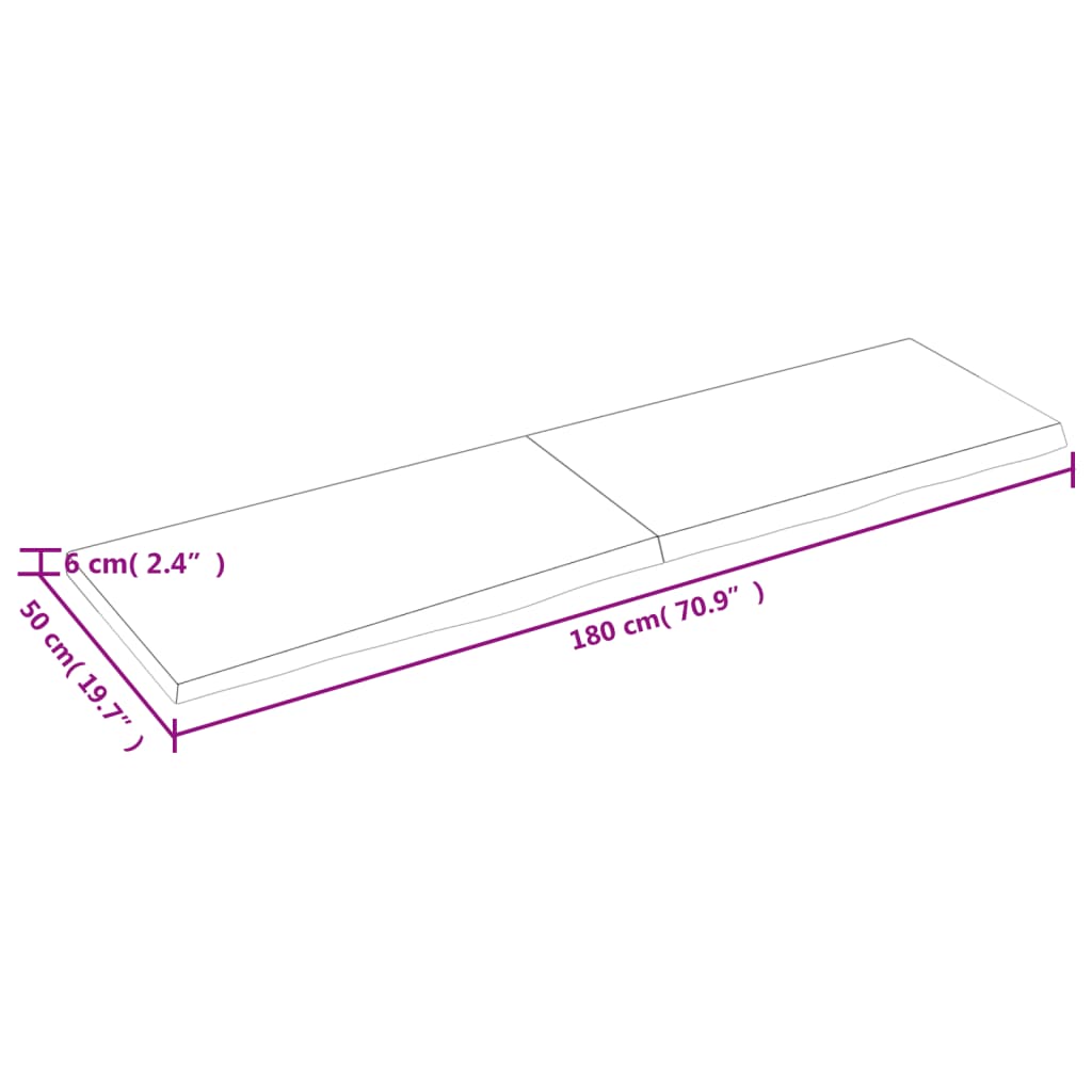 vidaXL Bänkskiva för badrum 180x50x(2-6) cm obehandlat massivt trä