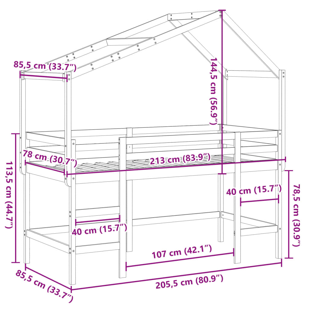 vidaXL Våningssäng med stege och tak 80x200 cm massiv furu