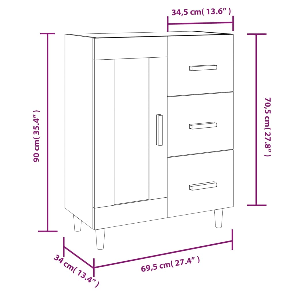 vidaXL Skänk vit högglans 69,5x34x90 cm konstruerat trä