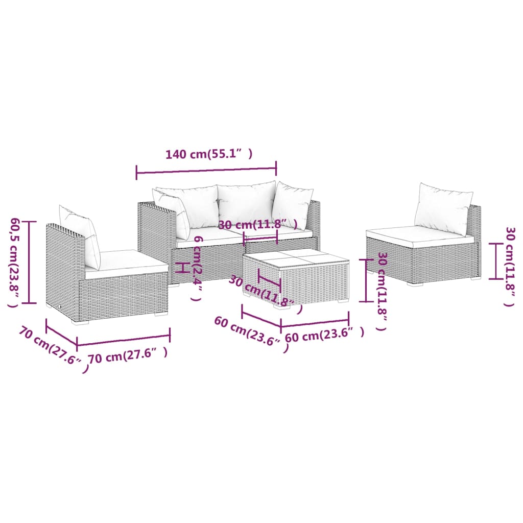 vidaXL Loungegrupp med dynor 5 delar konstrotting brun