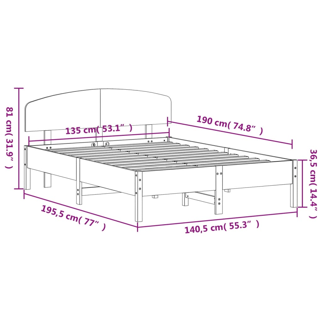 vidaXL Sängram utan madrass vit 135x190 cm massiv furu