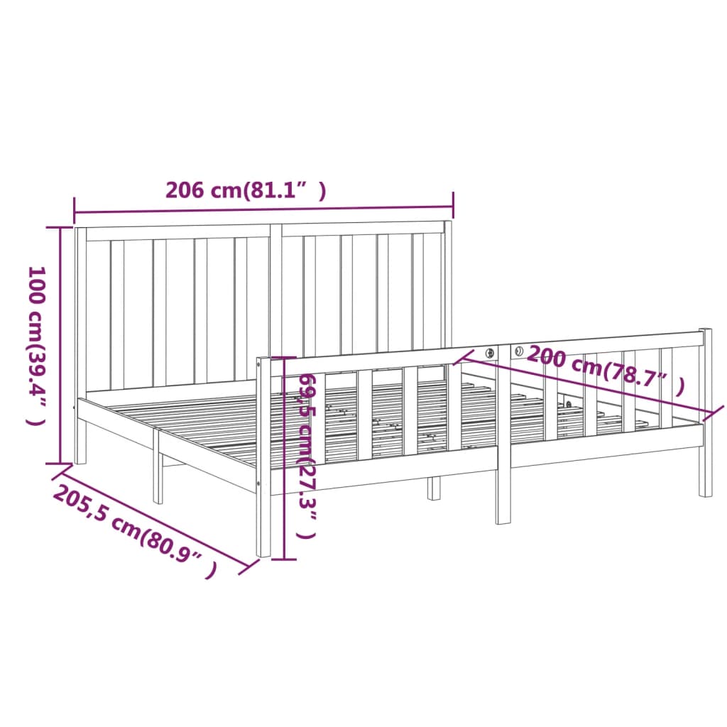 vidaXL Sängram svart massiv furu 200x200 cm