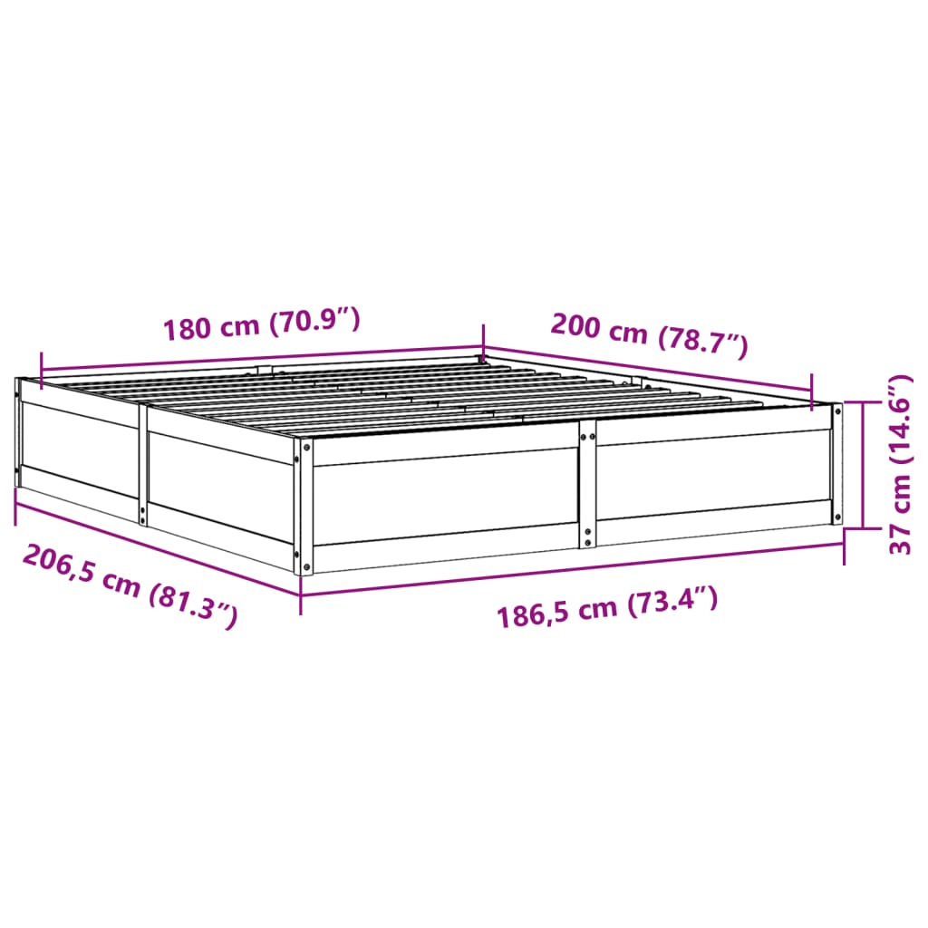 vidaXL Sängram utan madrass 180x200 cm massiv furu