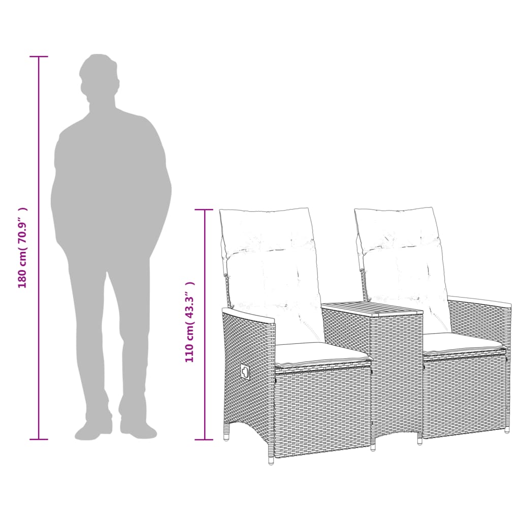 vidaXL Trädgårdssoffa fällbar 2-sits med bord grå konstrotting