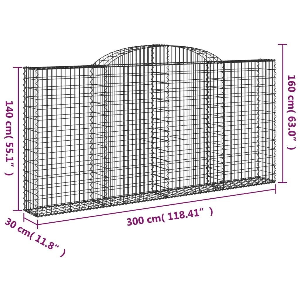 vidaXL Gabioner bågformade 12 st 300x30x140/160 cm galvaniserat järn