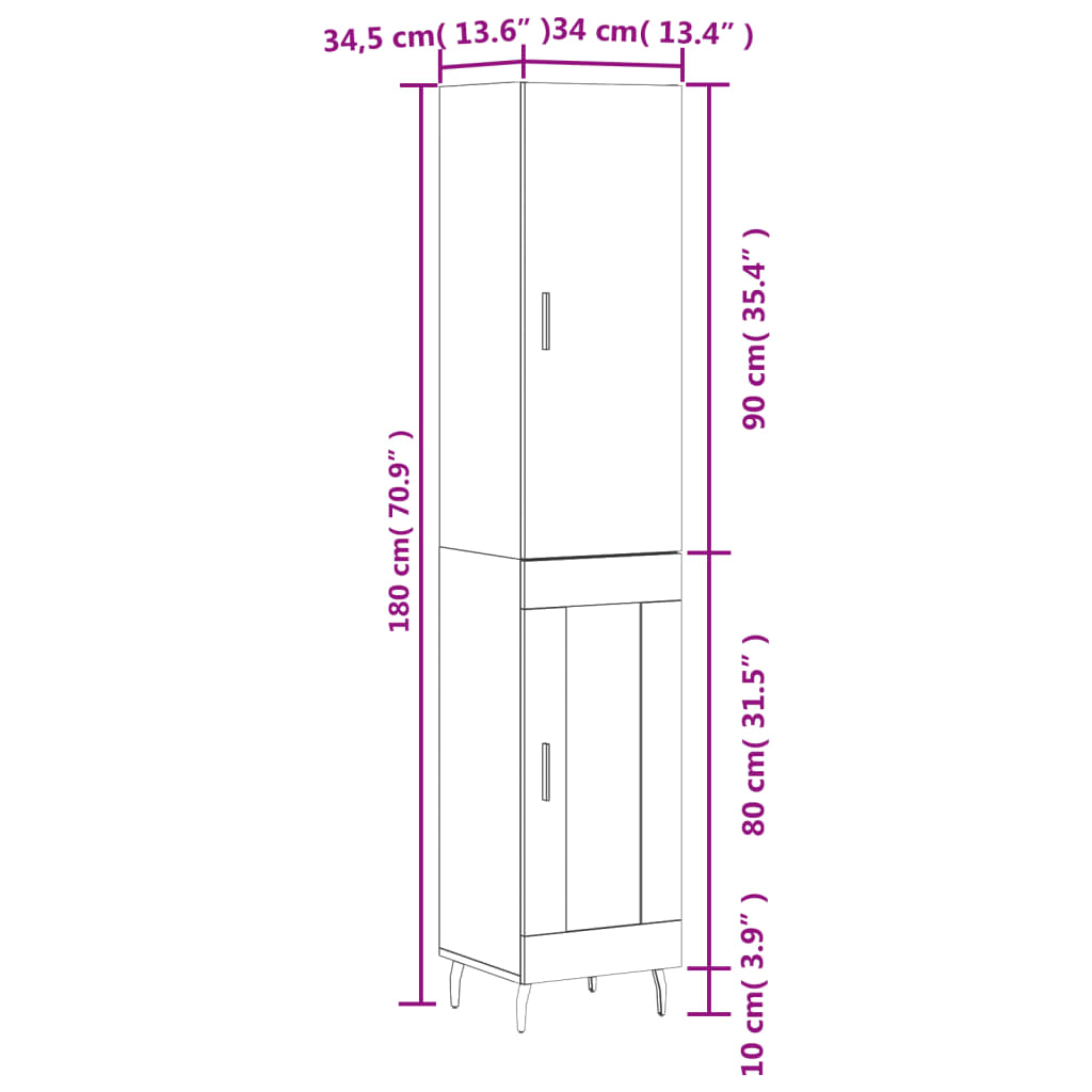 vidaXL Högskåp sonoma-ek34,5x34x180 cm konstruerat trä