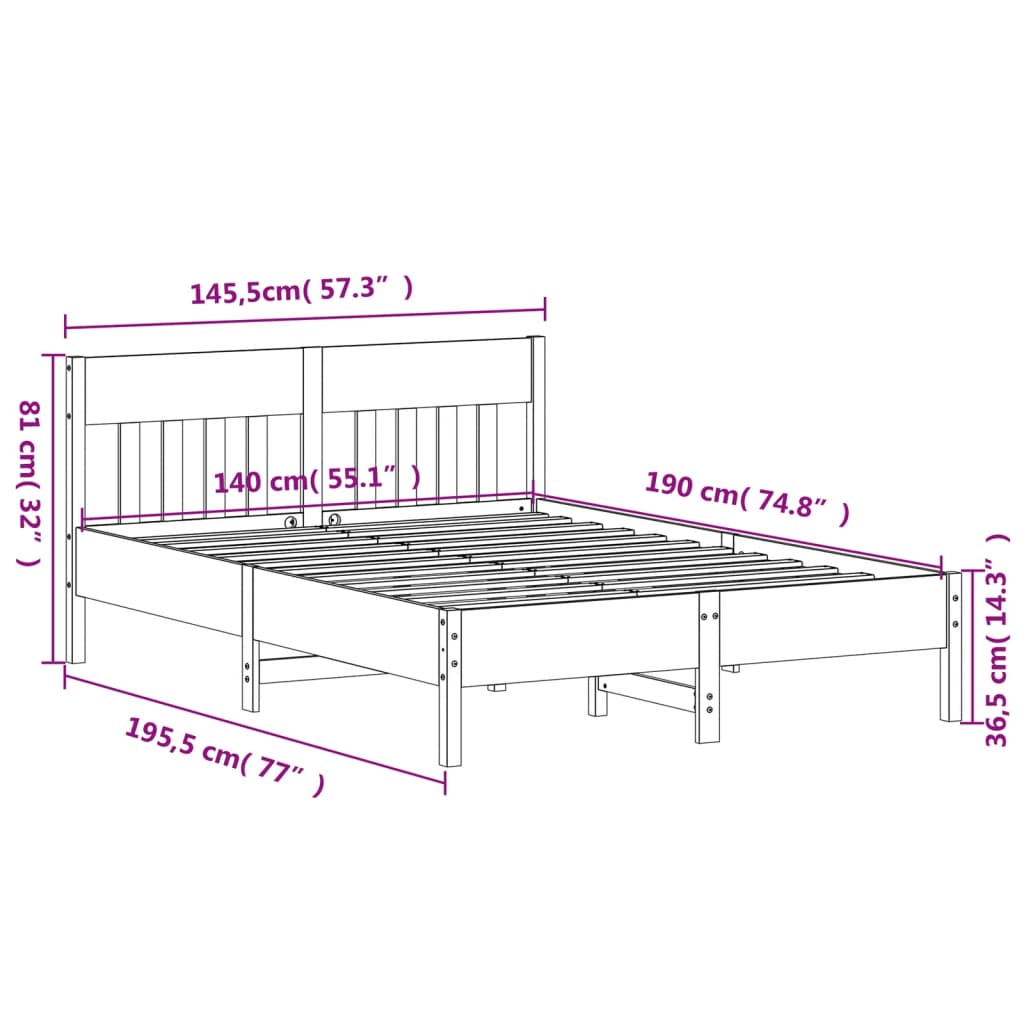 vidaXL Sängram utan madrass vaxbrun 140x190 cm massiv furu