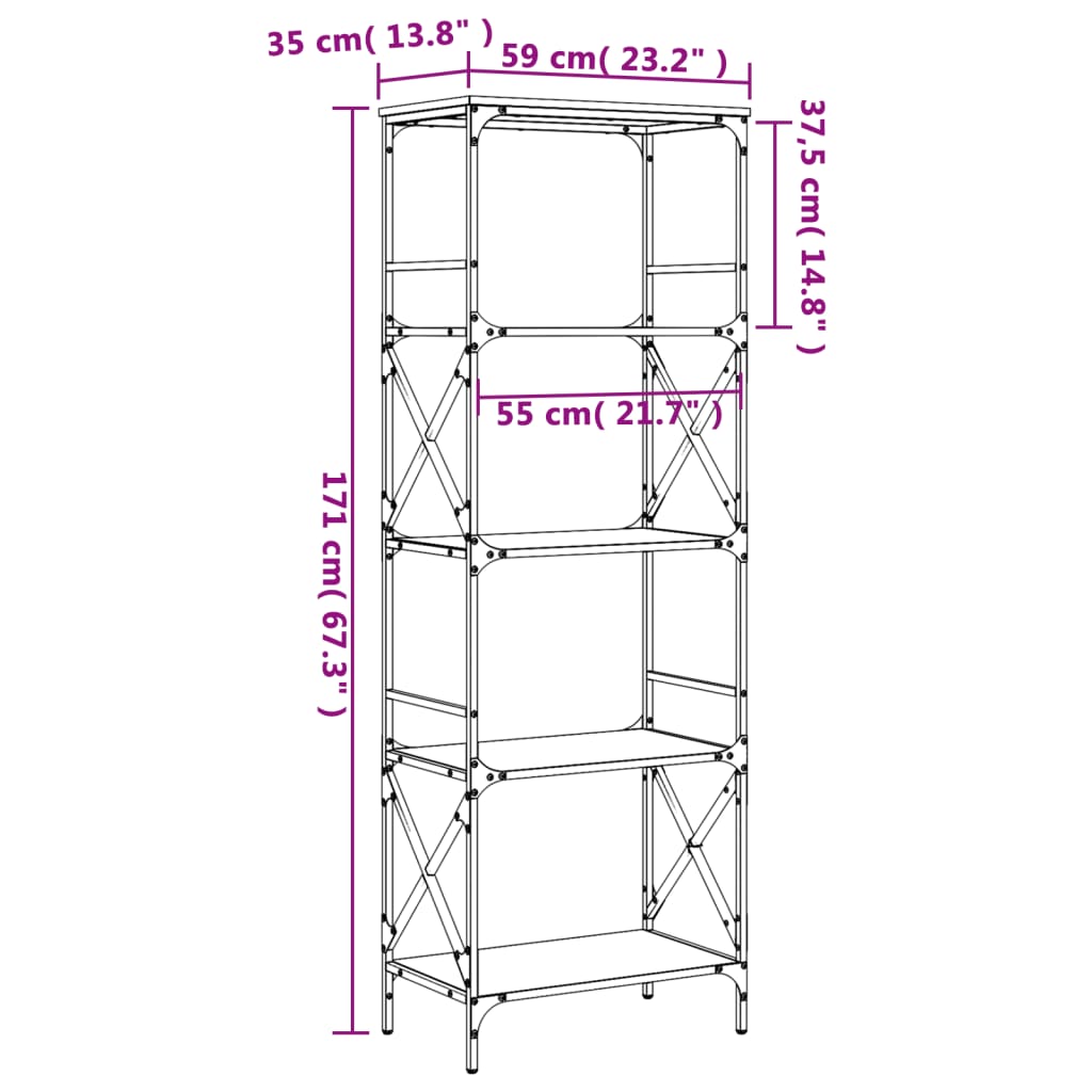 vidaXL Bokhylla 5 hyllplan rökig ek 59x35x171 cm konstruerat trä