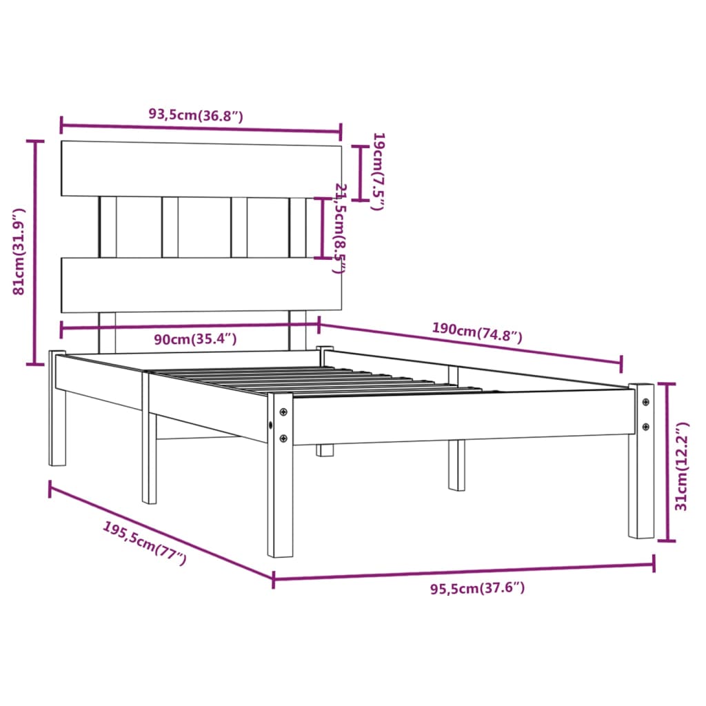 vidaXL Sängram svart massivt trä 90x190 cm