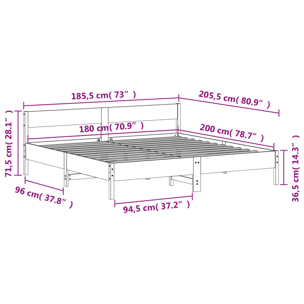 vidaXL Sängram utan madrass vit 180x200 cm massiv furu