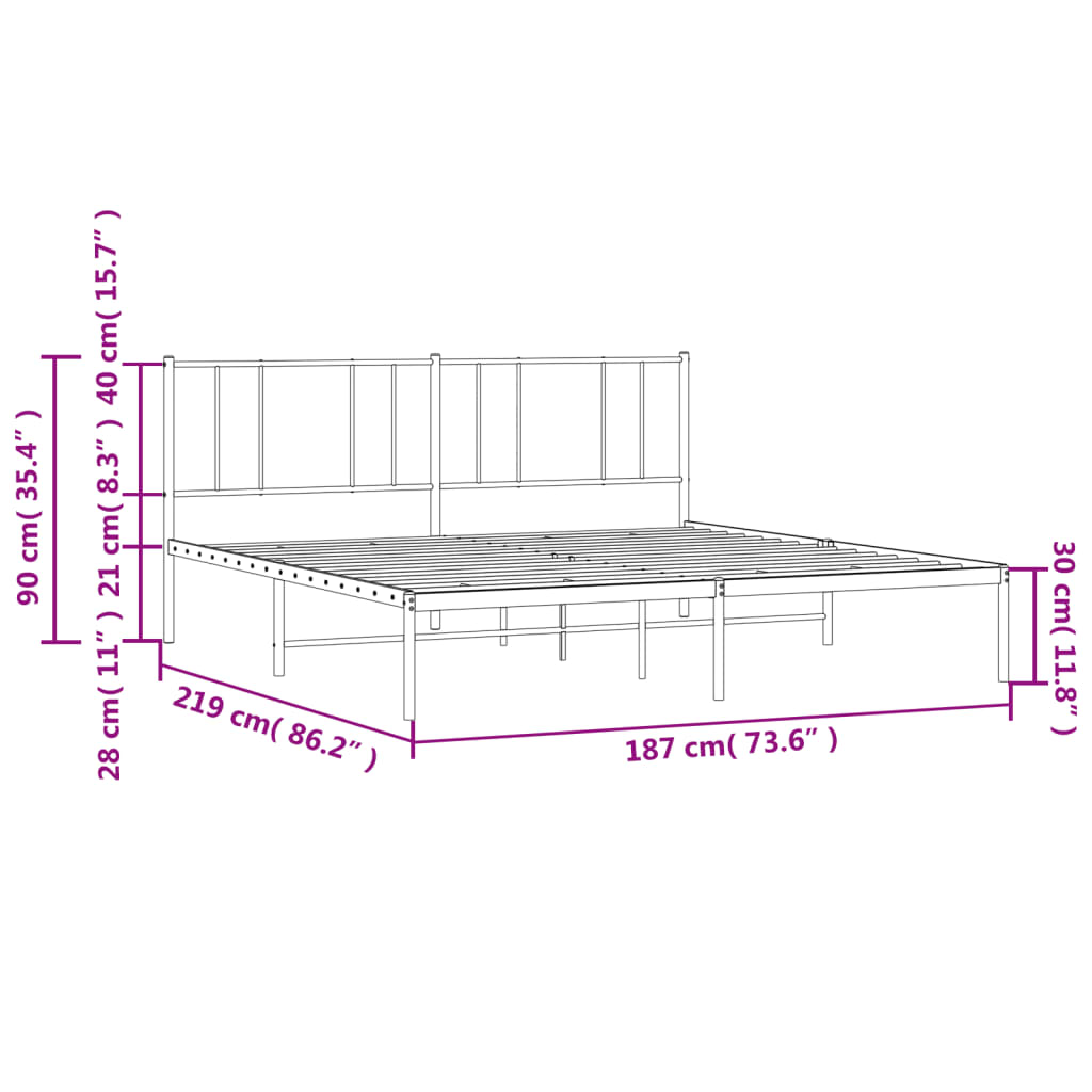 vidaXL Sängram med huvudgavel metall vit 183x213 cm