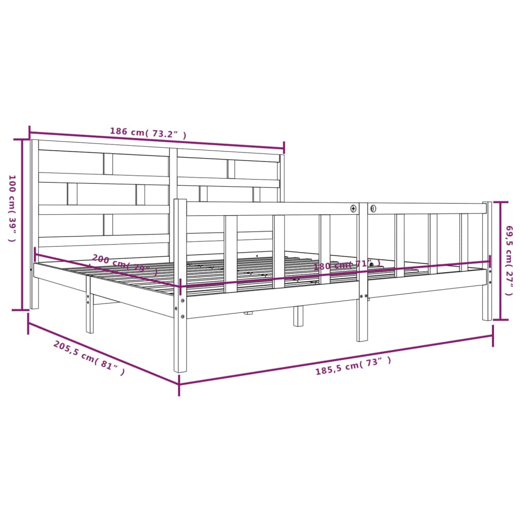 vidaXL Sängram vit massiv furu 180x200 cm