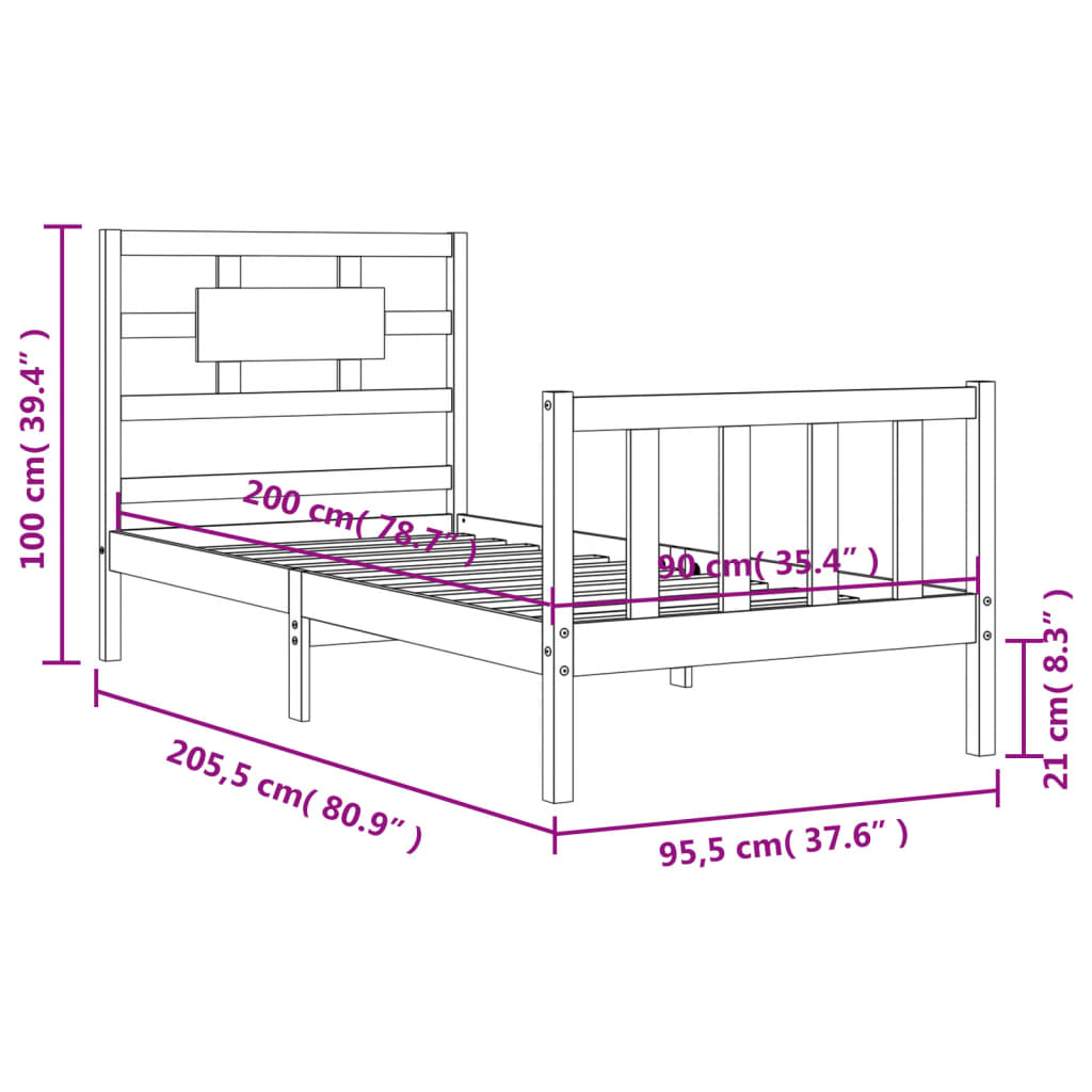 vidaXL Sängram med huvudgavel vit 90x200 cm massivt trä