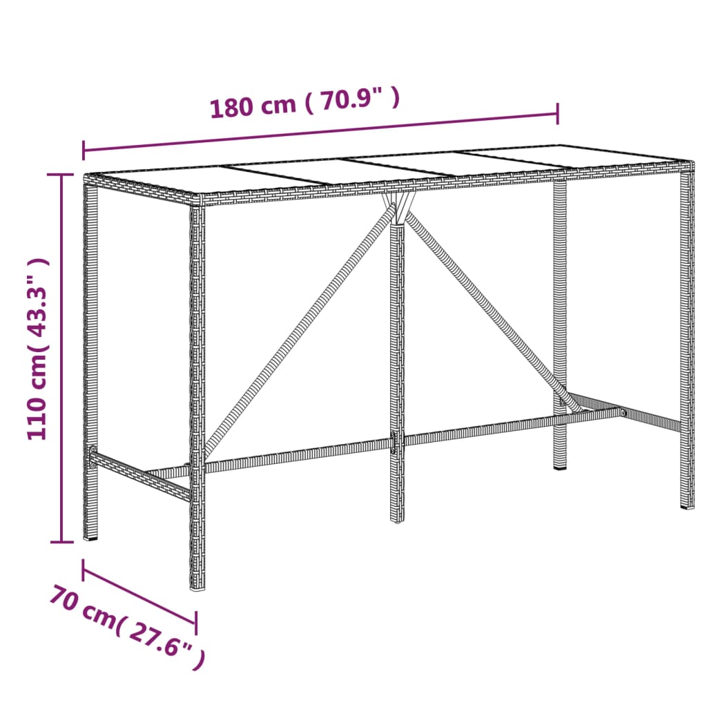 vidaXL Barbord med glasskiva brun 180x70x110 cm konstrotting