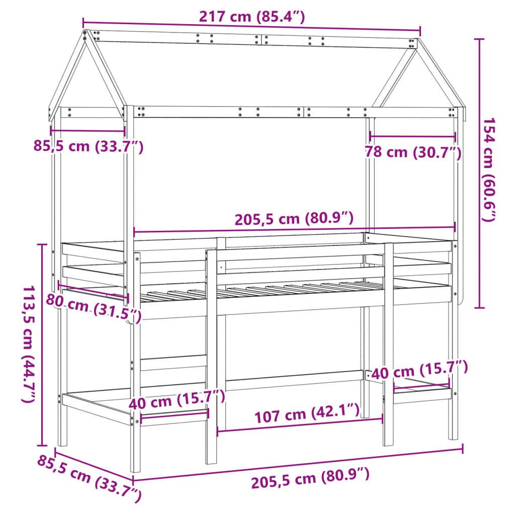 vidaXL Våningssäng med stege och tak vit 80x200 cm massiv furu