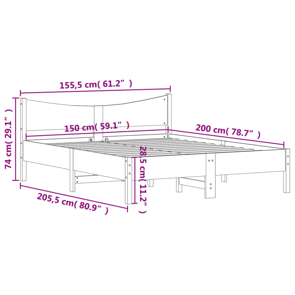 vidaXL Sängram utan madrass vit 150x200 cm massiv furu