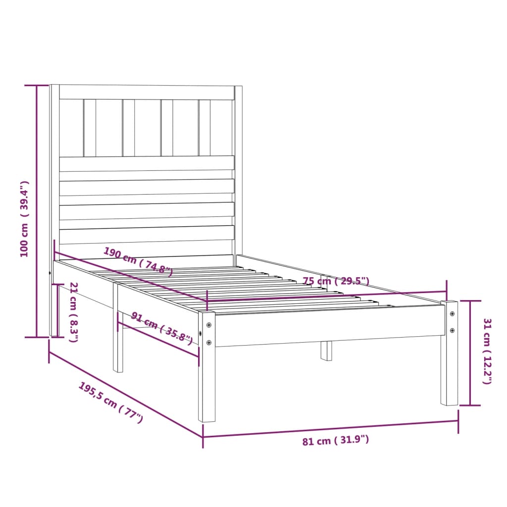 vidaXL Sängram utan madrass vit 75x190 cm massiv furu