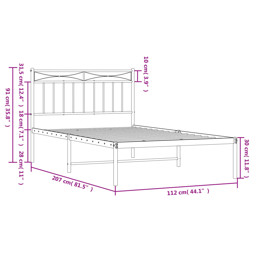 vidaXL Sängram med huvudgavel metall vit 107x203 cm